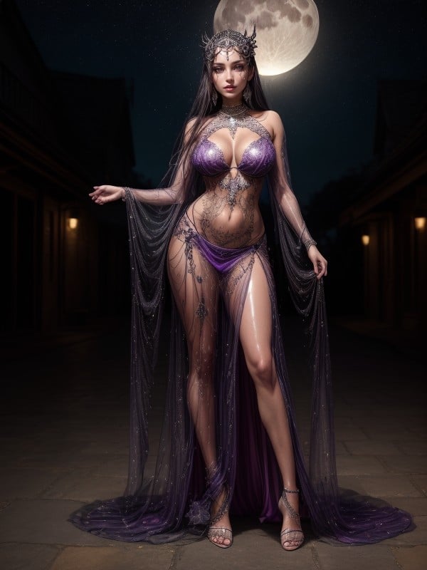 Purple Body Paint, Wearing Floor Length Transparent Sheer Gown, Outside At Night With Bright Moon And StarlightPorno IA