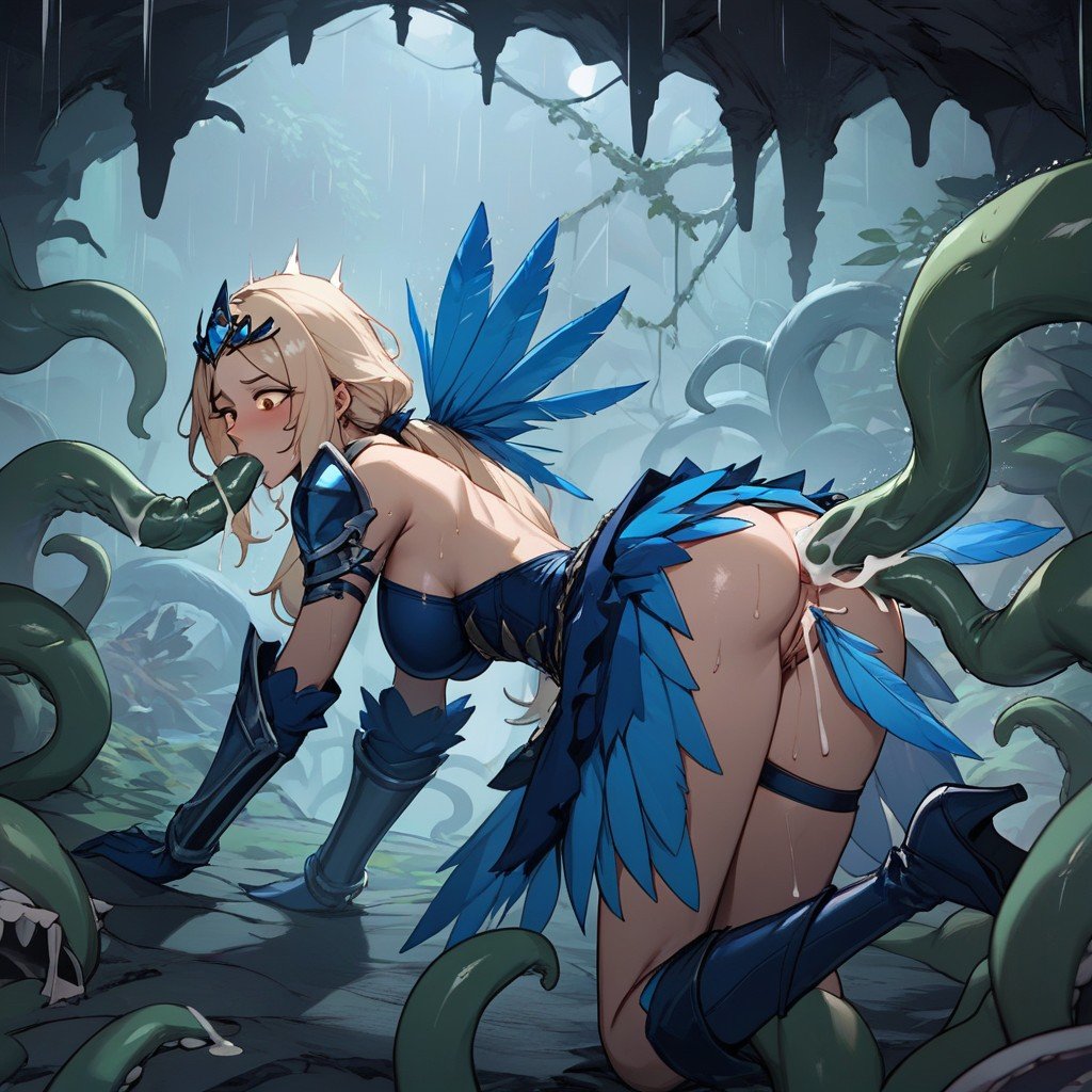 Shocked, Tentacles, Blue Feather Dress Furry AI Porn