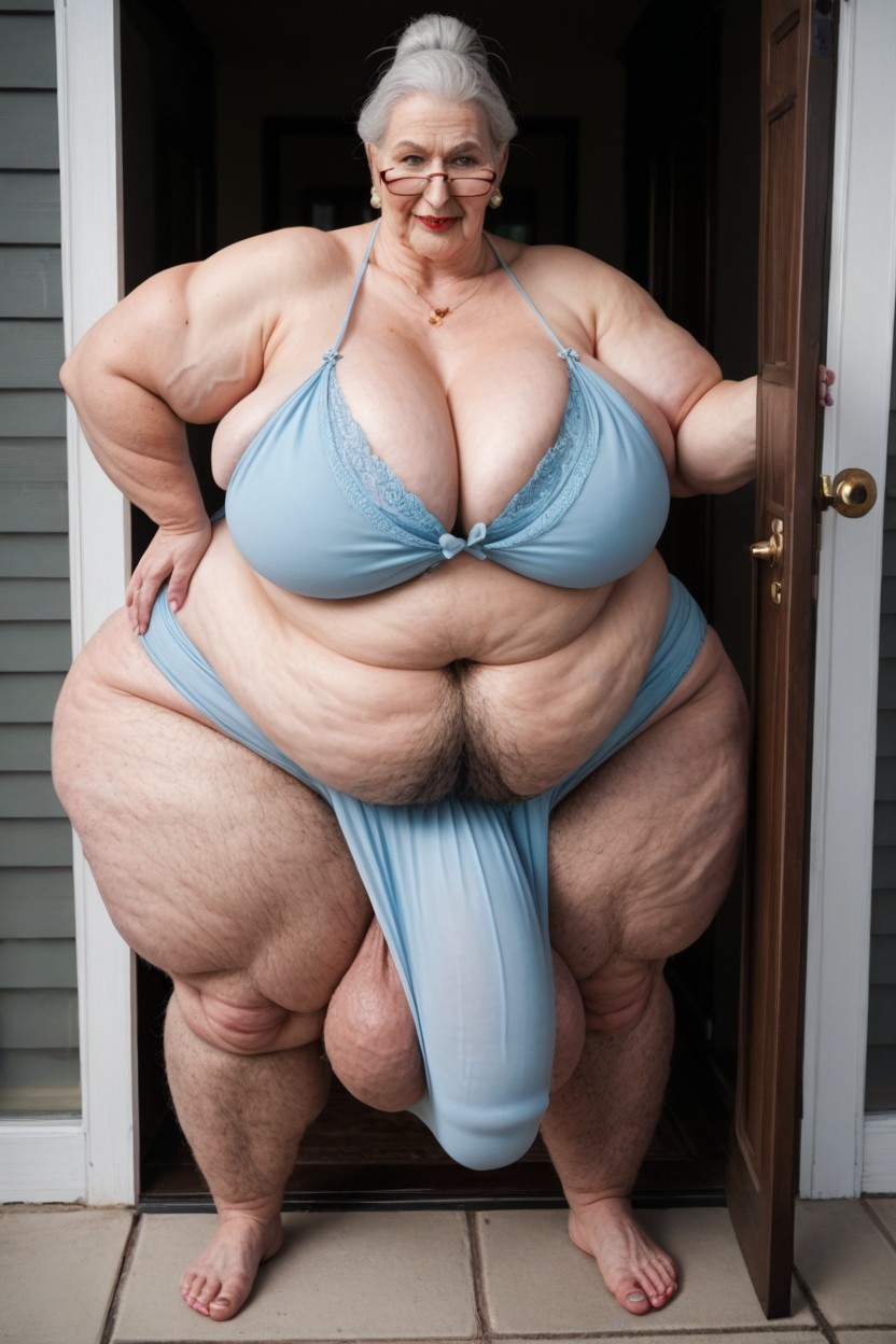 Bunhyper Weight Gain Hyper Obese Massive Cleavage, Satan Floral Robe, Extreme Hairy Balls No Glasses Shemale AI Porn