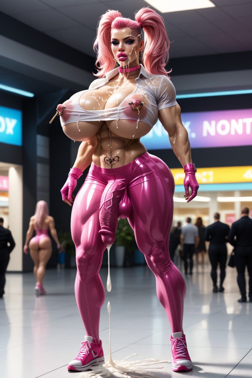 Pigtails, Big Excessive Round Fake Tits, Esticles Bulge Shemale AI Porn
