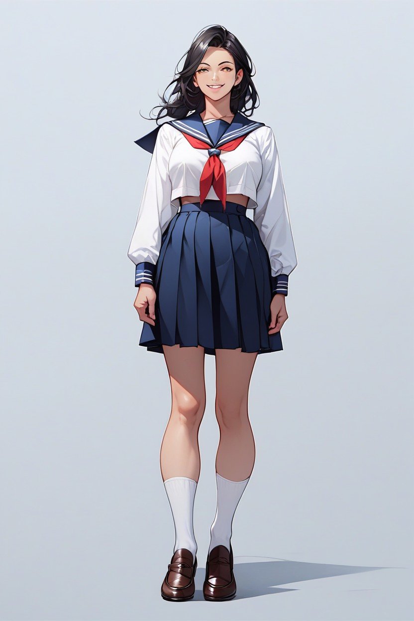 Dark Blue Long Sleeves Japanese Sailor Suit, Small Breast, Undersized Furry AI Porn