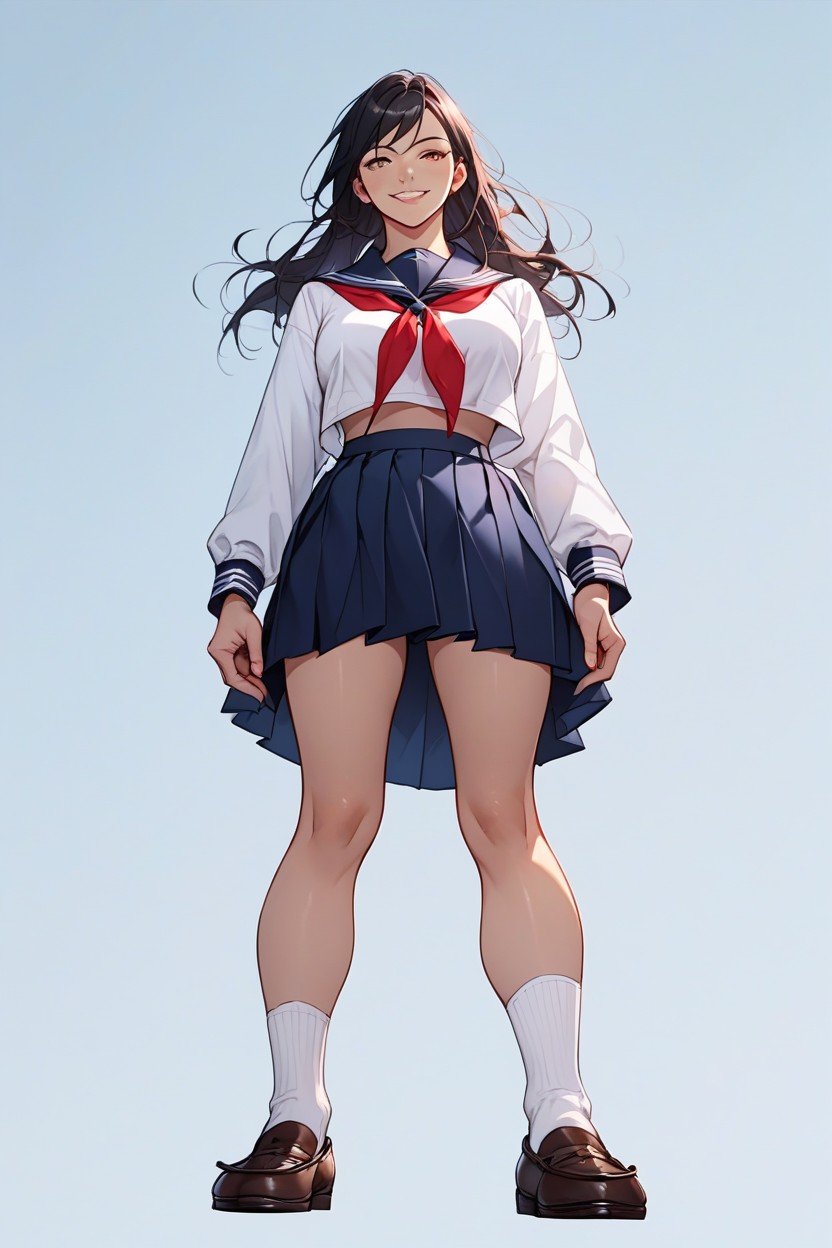 Red Scarf, Black Hair, Dark Blue School Skirt Furry AI Porn