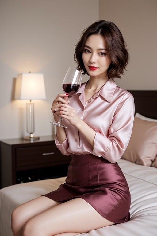 Beautiful Korean Woman, Brown Hair, Coupe Au CarréPorno IA Asiatique