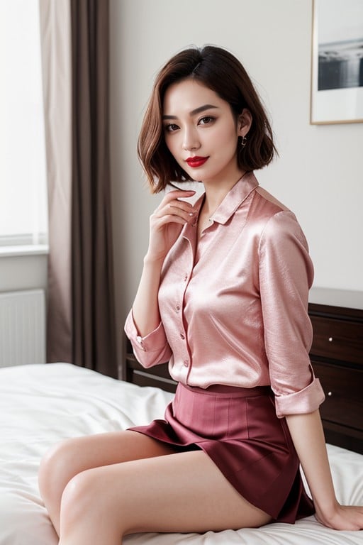 Red Lipstick, Pale Pink Skin, Holding A Glass Of Wine人妖AI色情