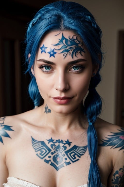 Woman That Looks Like Jinx From Arcane She Has Blue Hair In Pigtails And Has Tattoos Furry AI Porn