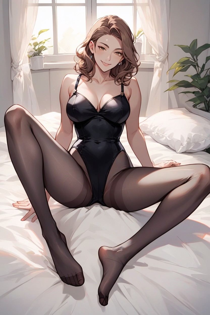 Naughty Flirtatious Smile, Black Long Sleeve Leotard, FacePorno AI