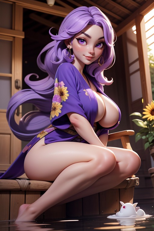 Long Purple Straight Bangs, Japanese Style Clothing, Long Purple Straight Hair Hentai AI Porn