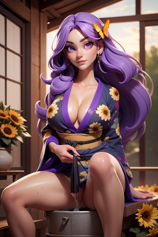Large Hanging Breasts, Wet Pussy, A Loose Fitting Light Purple Kimono Hentai AI Porn