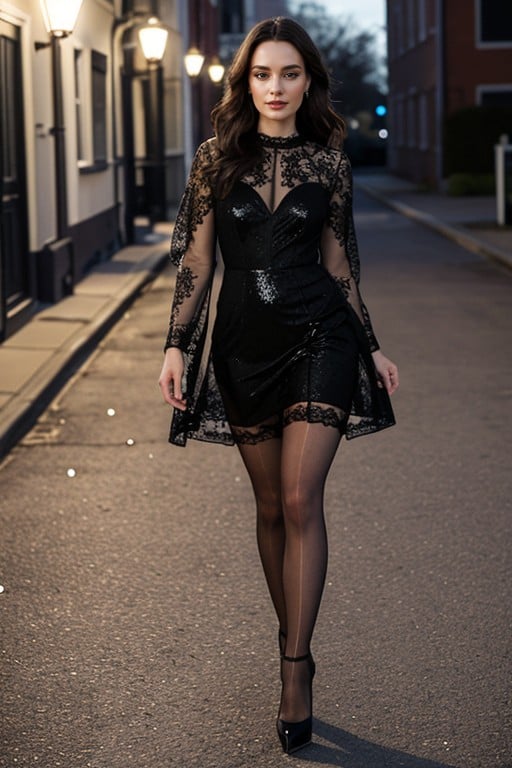 Shoes In The Frame In A Lace Bell Dress With A Deep Neckline And Black High Heeled Shoes She Is Wearing Transparent Shiny Black Tights There Is Only One Light Source Between The Woman And The Camera, Noche, Luz EspecularPorno IA de transexuales