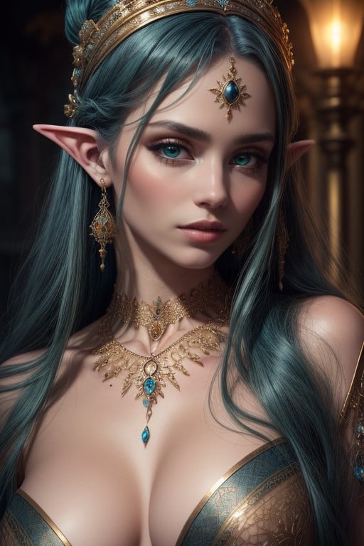 Elaborate Necklace With Gemstones, Elf Ears, Elaborate Blue And Gold ClothingAIポルノ