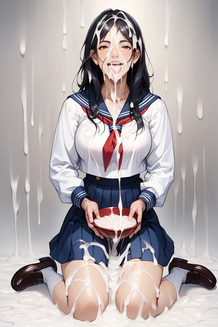 Excessive Cum Drips On The Face, 小さな胸, Holding BowlファーリーAIポルノ