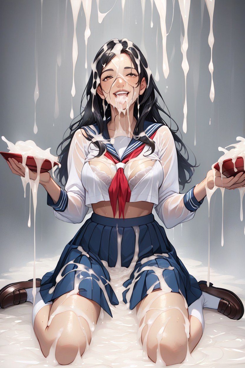 White Socks, Classic Long Sleeves Japanese Sailor Suit, Black Hair Furry AI Porn