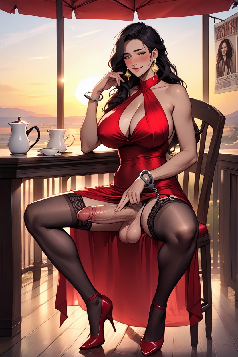 Sunset, Long Red Satin Dress With Wide, 1 Person Hentai AI Porn