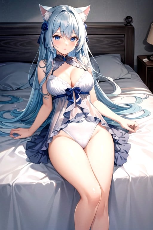 Light Blue Hair・wedding Negligee・squirt・masturbation・cat Ears・eyes That Are Blue-purple To Light Blue From Top To Bottom・on The Bed・pussy헨타이 AI 포르노