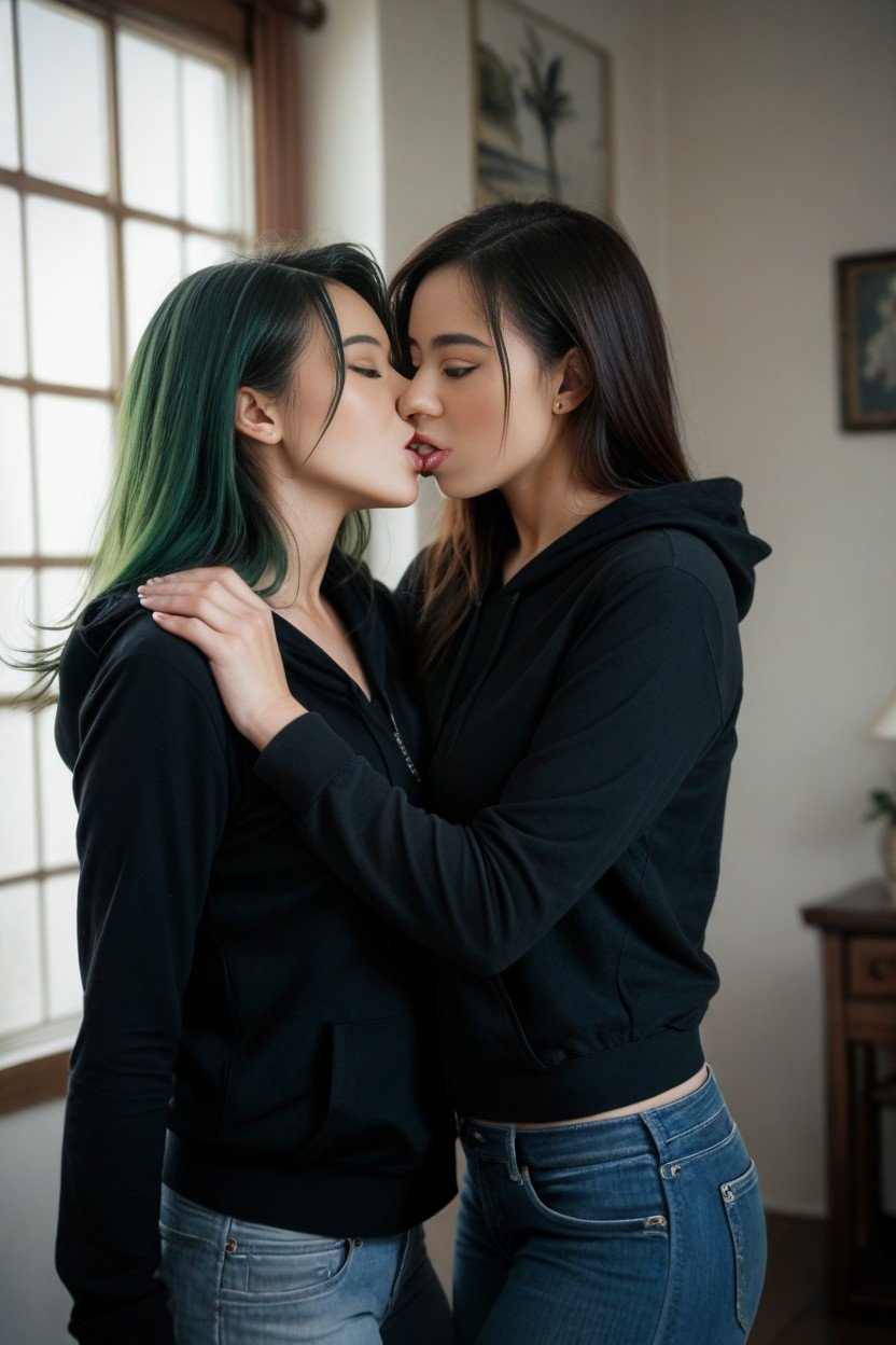 Green Hair, Asian, Jeans Shemale AI Porn