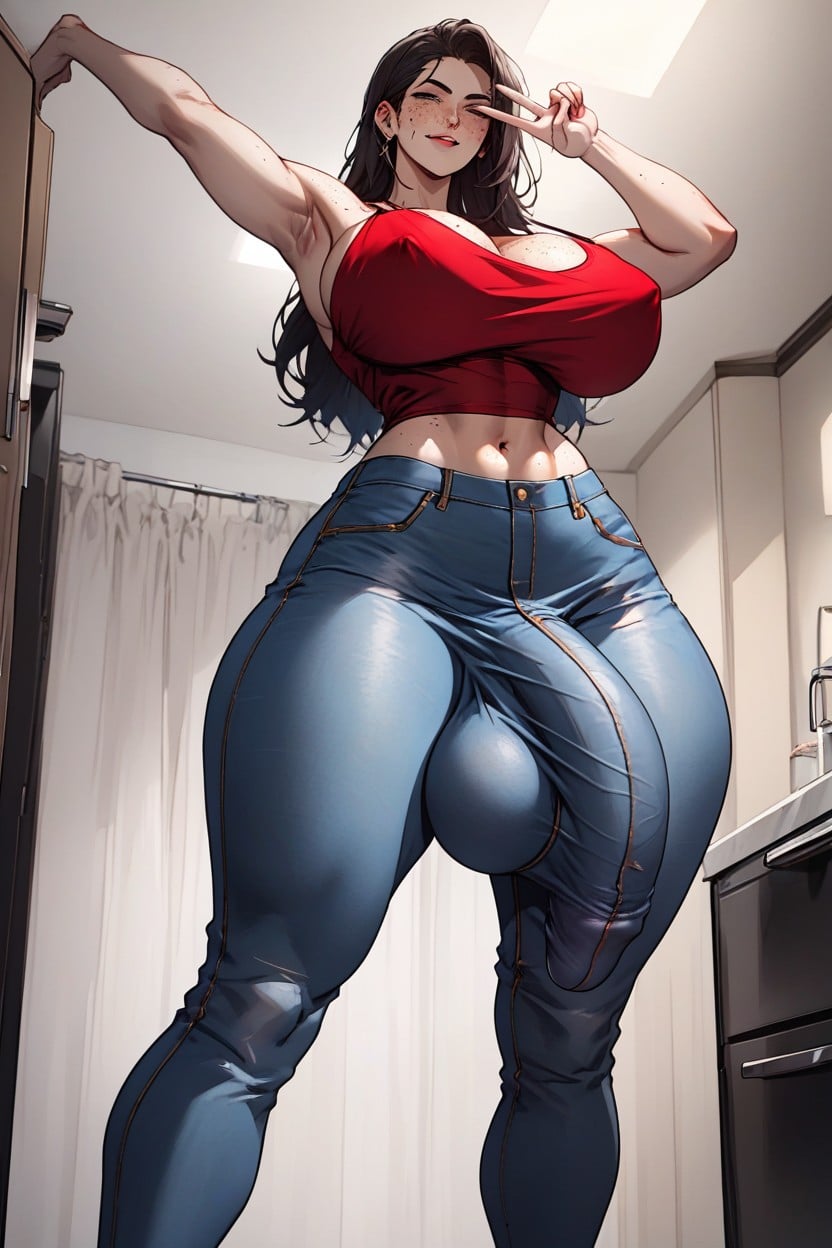 Red Shirt With Spaghetti Straps, Kitchen, Waist Shemale AI Porn