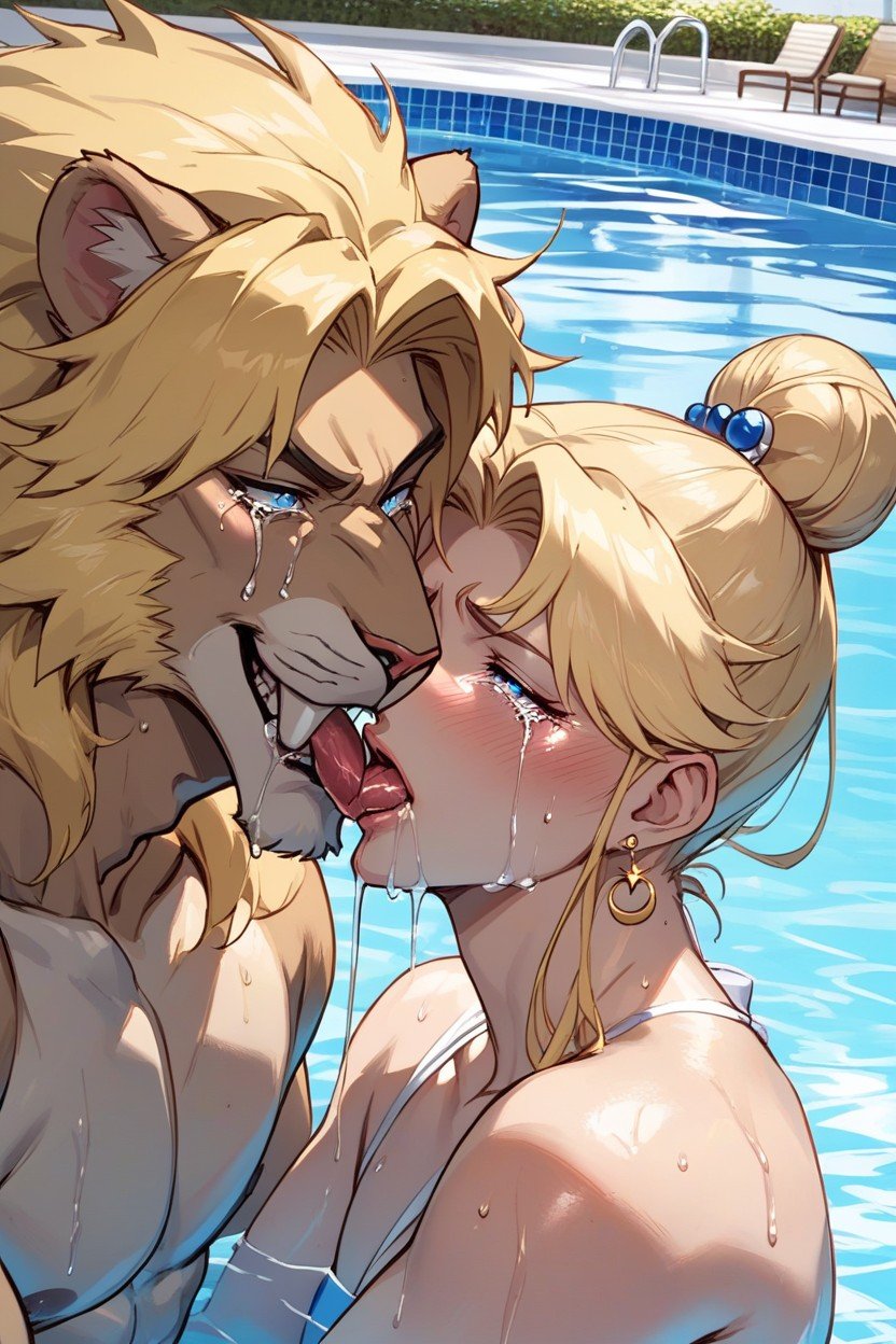 Blonde Hair, Male Anthro Lion Monster, Big Tits Hentai AI Porn