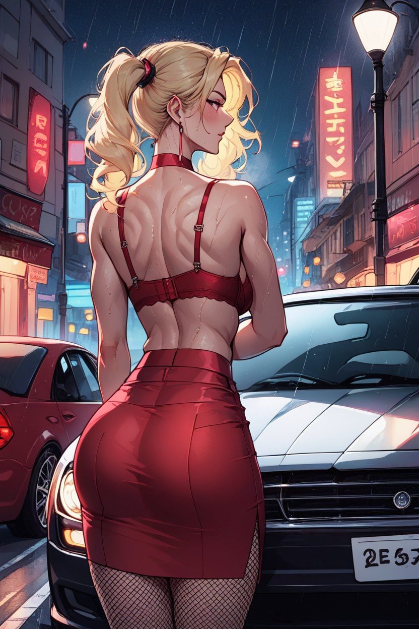 Tight Red Skirt, Dirty City Street, Facing Away From Viewer퍼리 AI 포르노