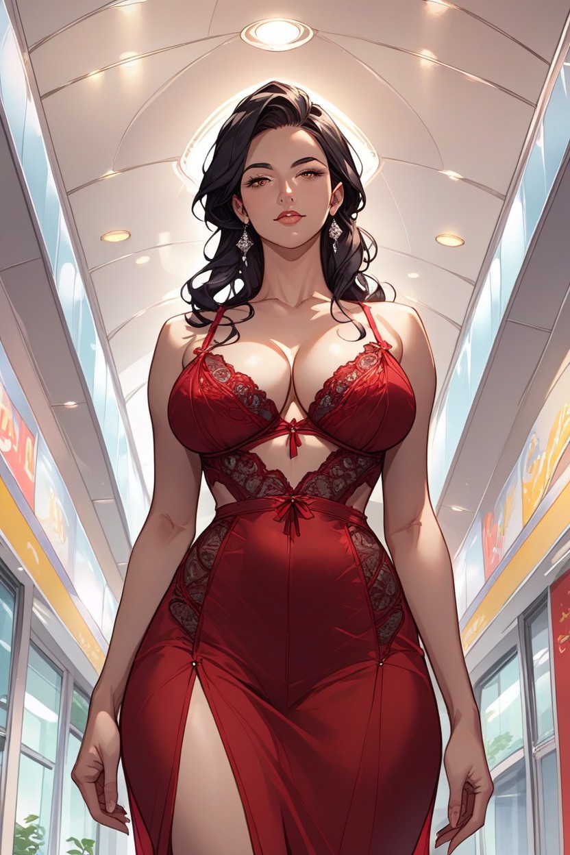 茶色の目, 黒髪, Trying Out Red LingerieAIポルノ