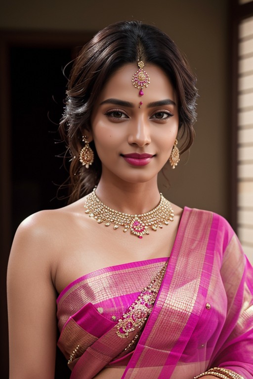 Bright Pink Colour Saree Shemale AI Porn