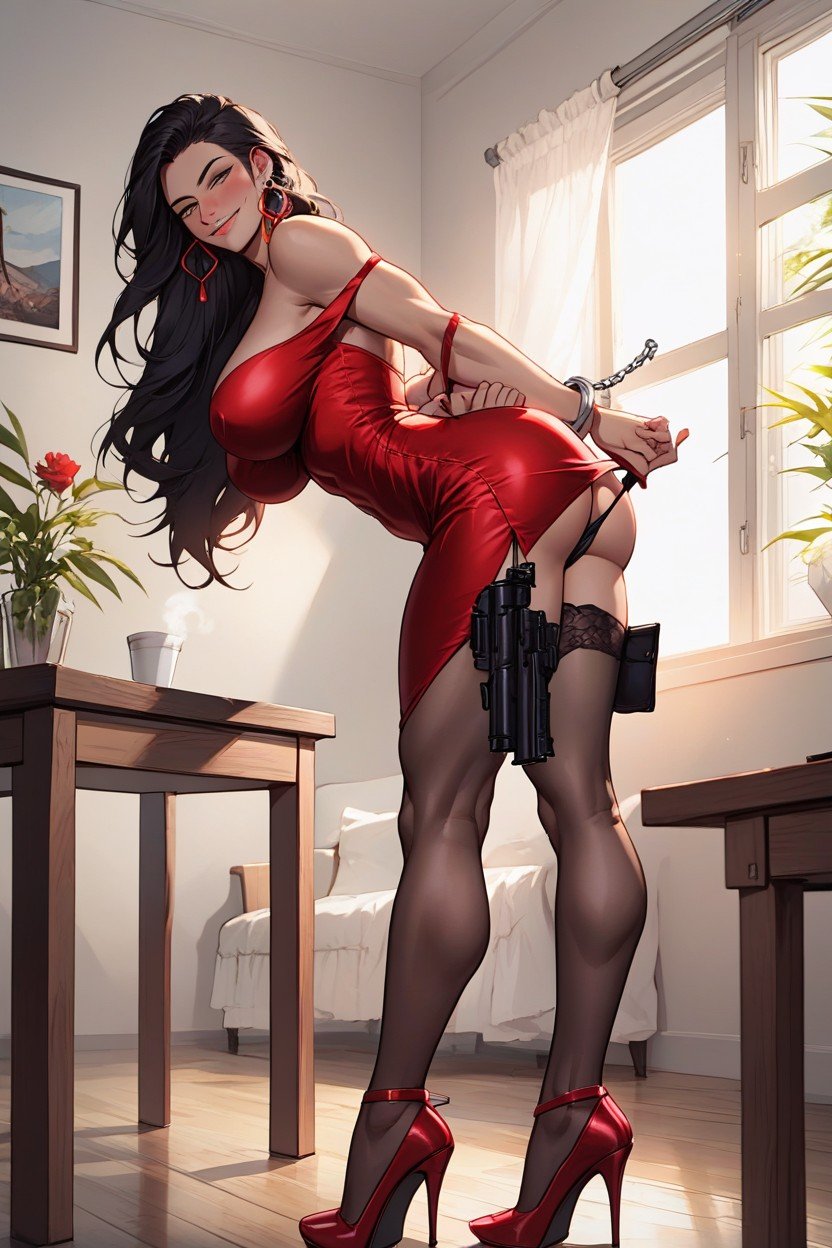 Cheveux Noirs, Boucles D'oreilles, Gun Holster Under Dress And HandcuffsPorno IA Hentai