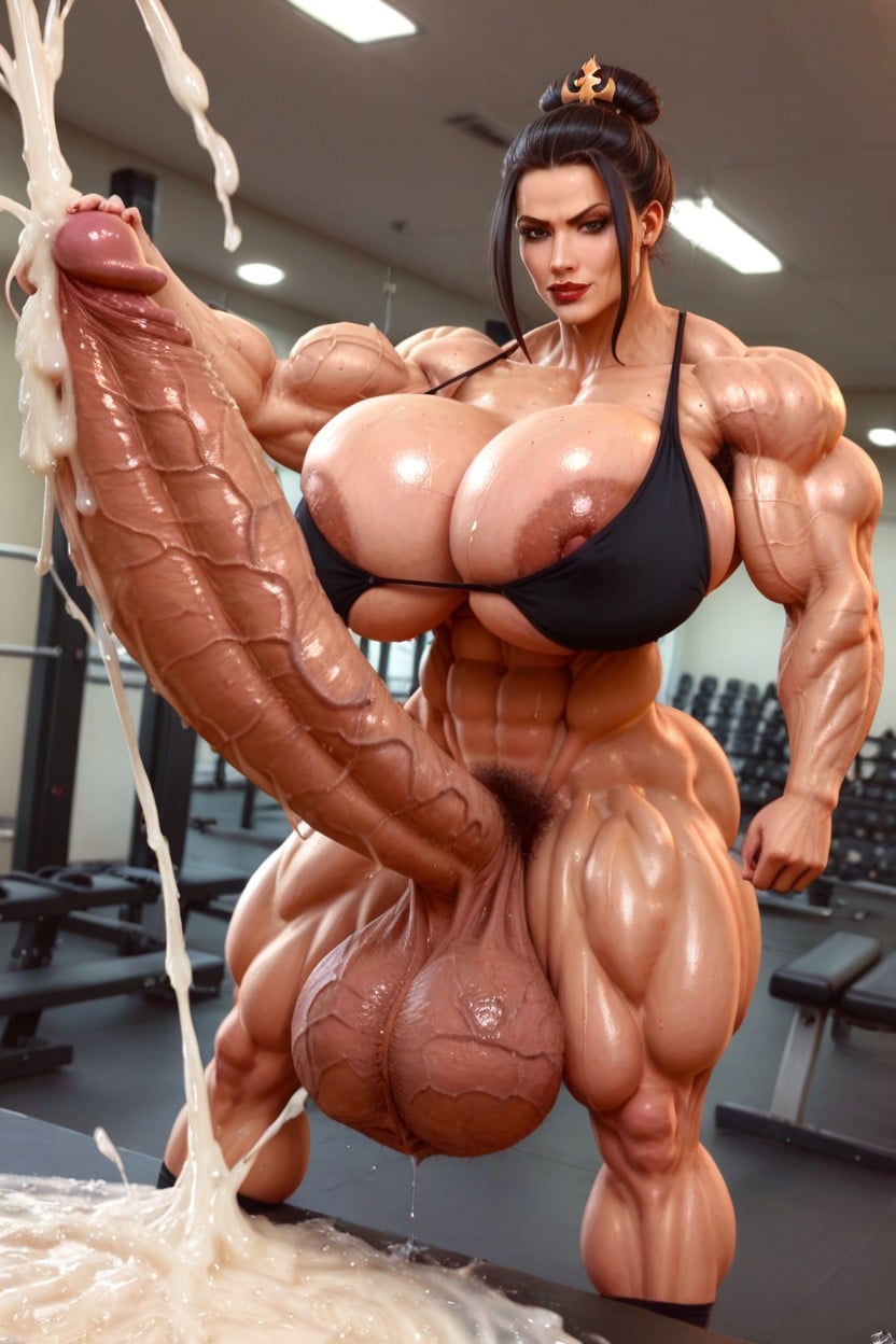 Huge Pubic Hair, Futanari, Tanned Skin Shemale AI Porn