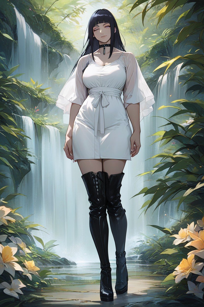 Wearing A Floral White Dress, Hinata Hyuuga From Naruto, Full Body AI Porn