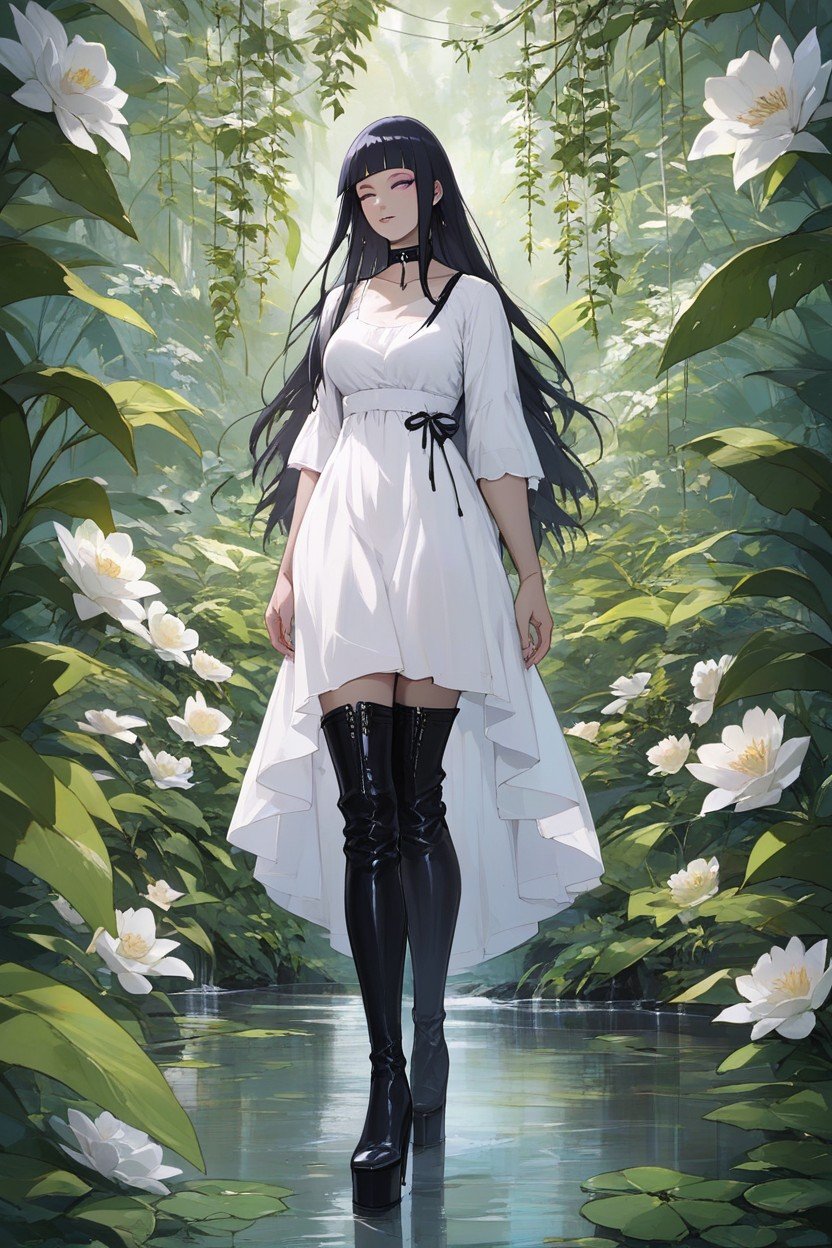 Wearing A Floral White Dress, 全身, Wearing A Black Leather ChokerAI黃漫