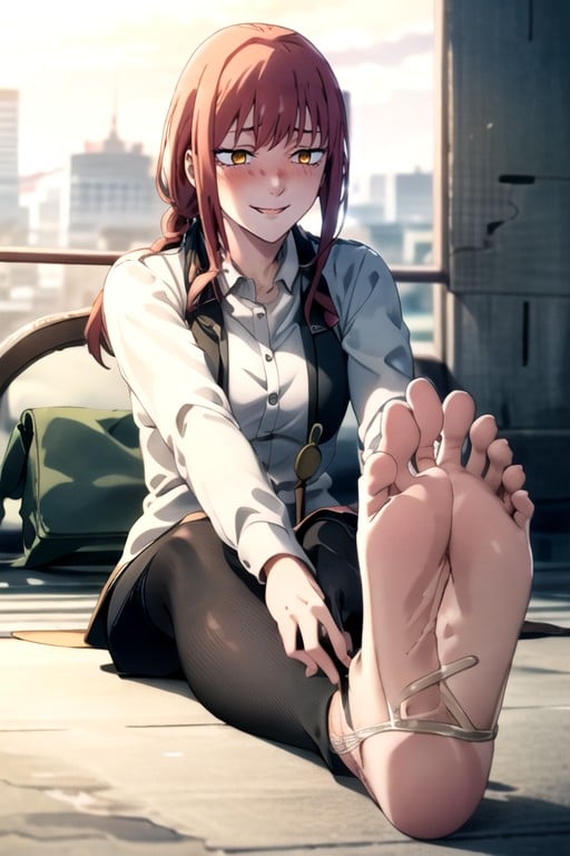 Makima (chainsaw Man), Sitting Presenting Feet, Mischievous (smiling While Blushing) Shemale AI Porn