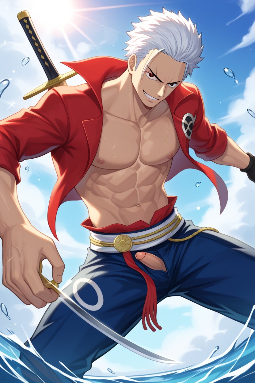 Mihawkyo, Dramatic Lighting, Holding His Swords At The Ready Mihawk Stands Opposite Him AI Gay Porn