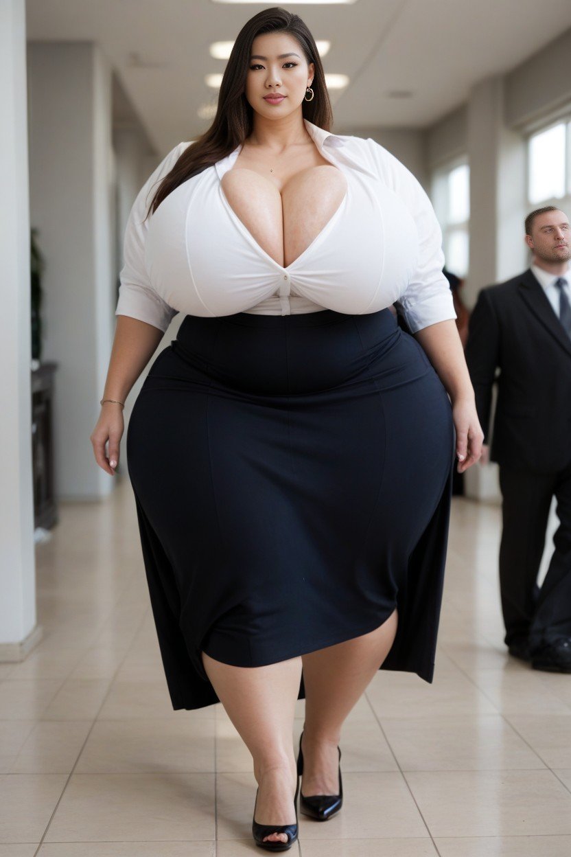 Disproportionately Large Breasts, Walking Fast, Black High Heels AI Porn