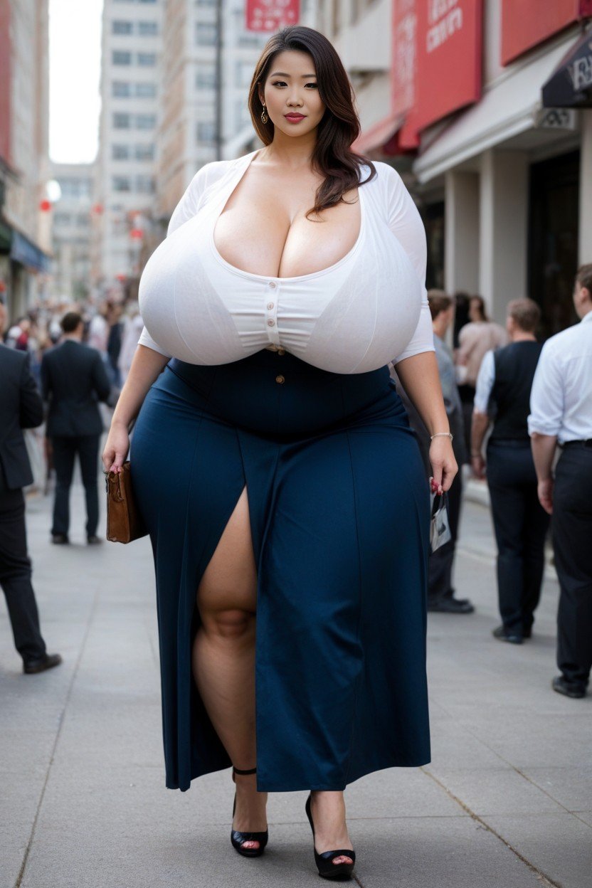 Fully Clothed, Giant Tall Asian Woman, Disproportionately Massive Natural Saggy Breasts쉬메일 AI 포르노