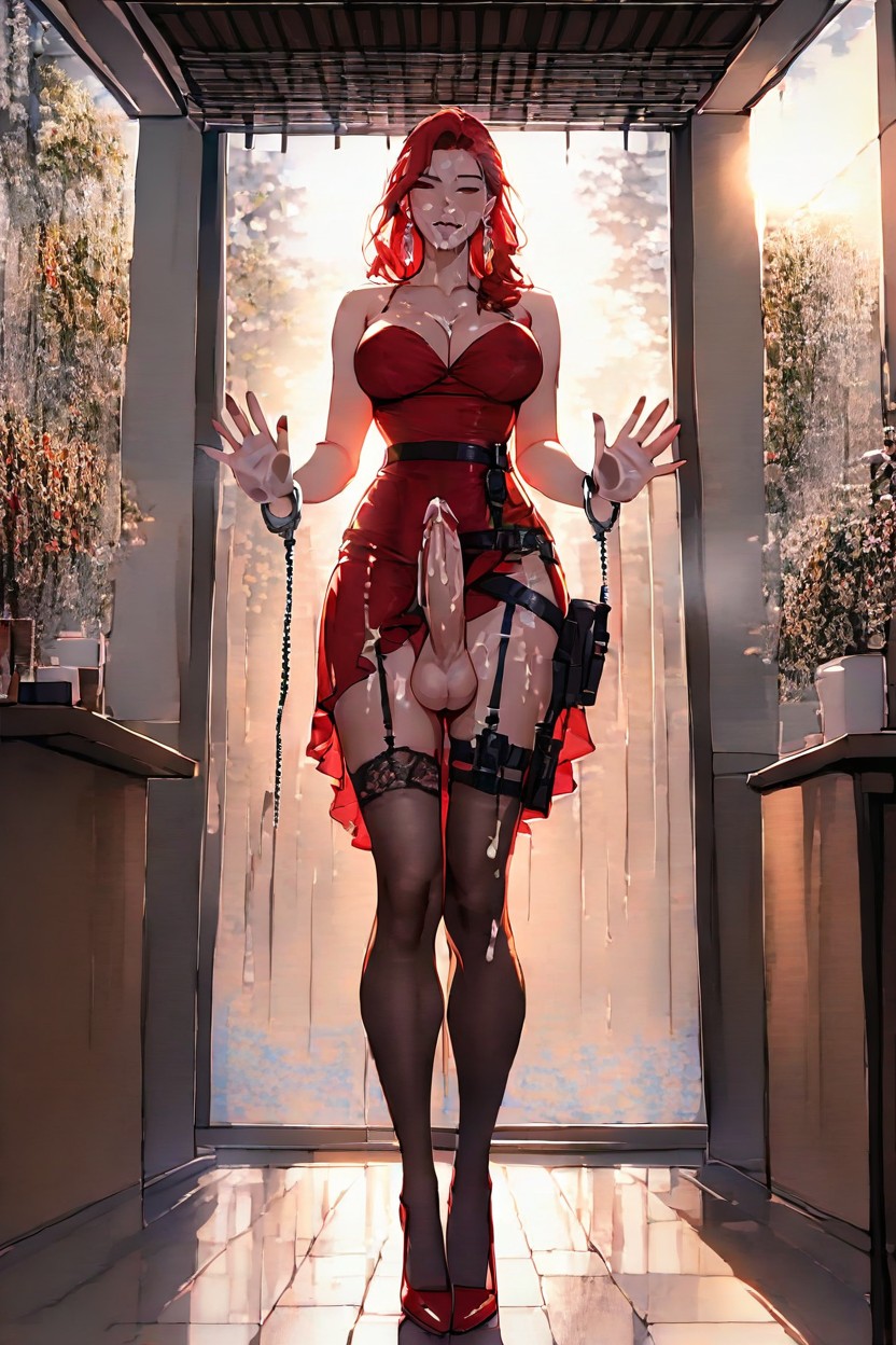 Front View, Earrings, Long Red Satin Dress With Wide Hentai AI Porn