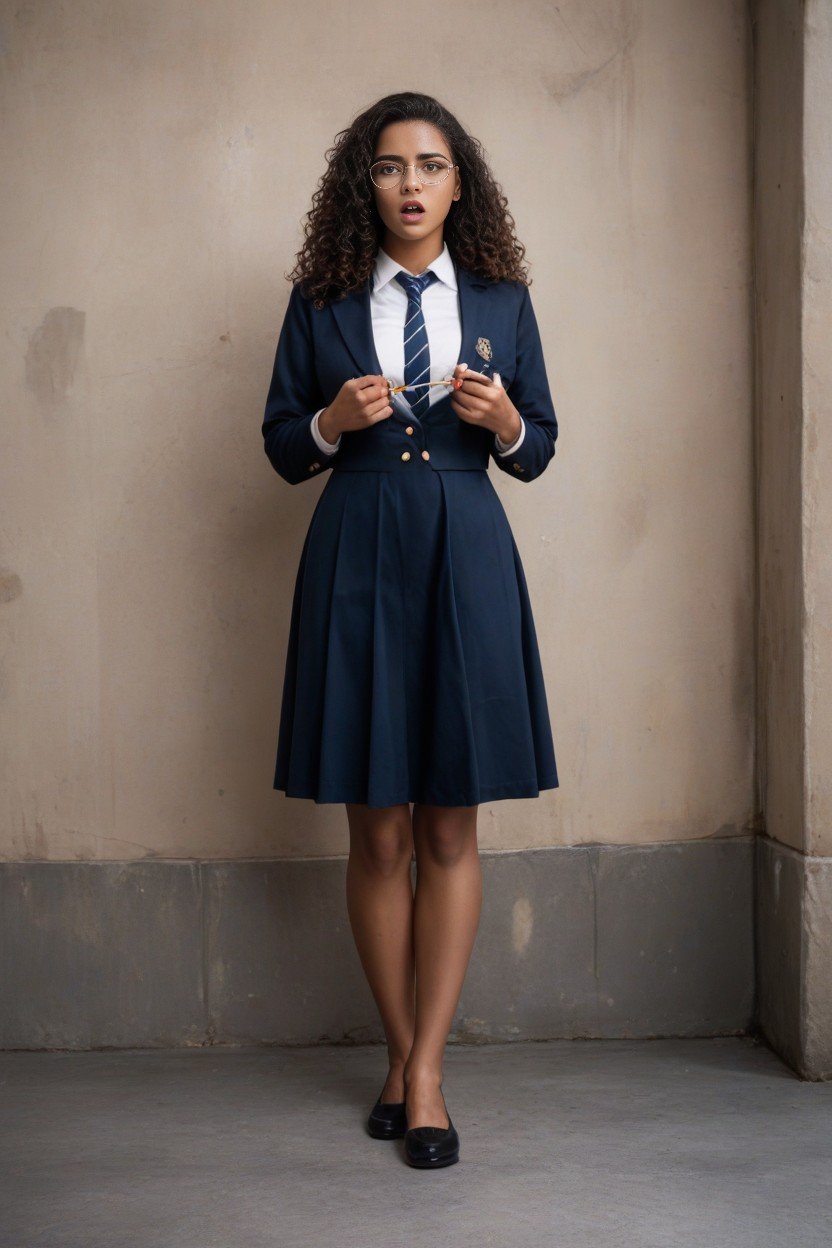 Uniforme Scolaire, Gold Rimmed Glasses, Long Black Curly HairPorno IA