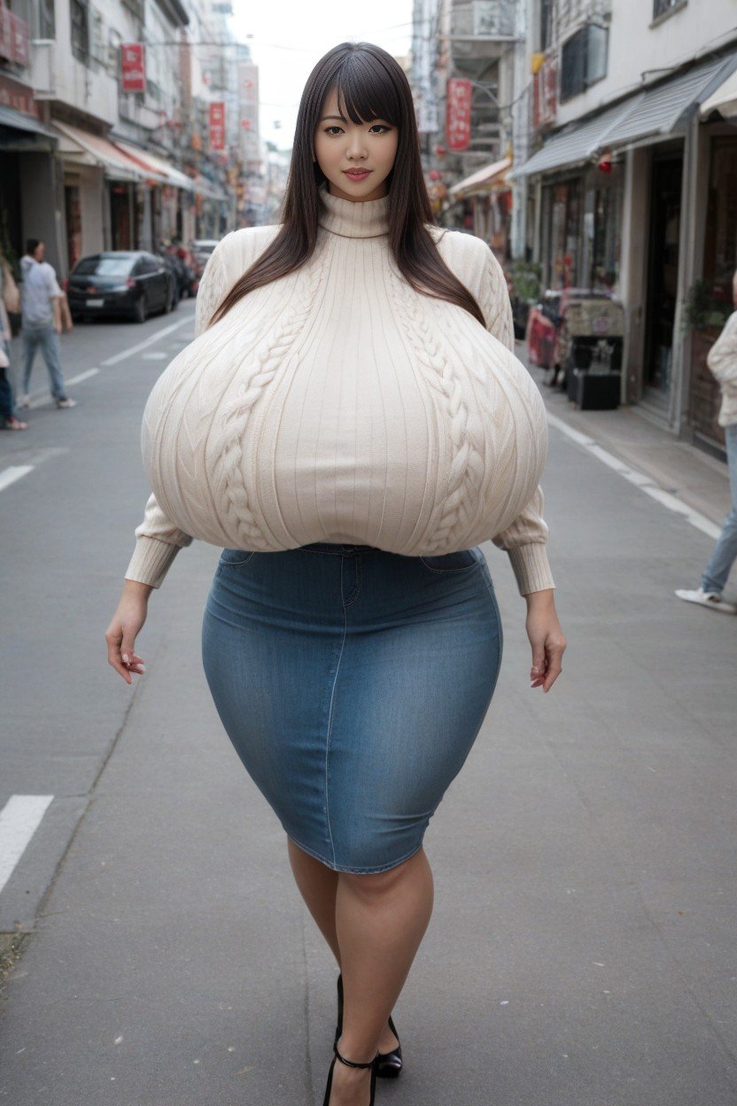 Less Skin Exposure, Tight Skirt, Giant Insane Massive Gigantic Breasts Pornografia de IA