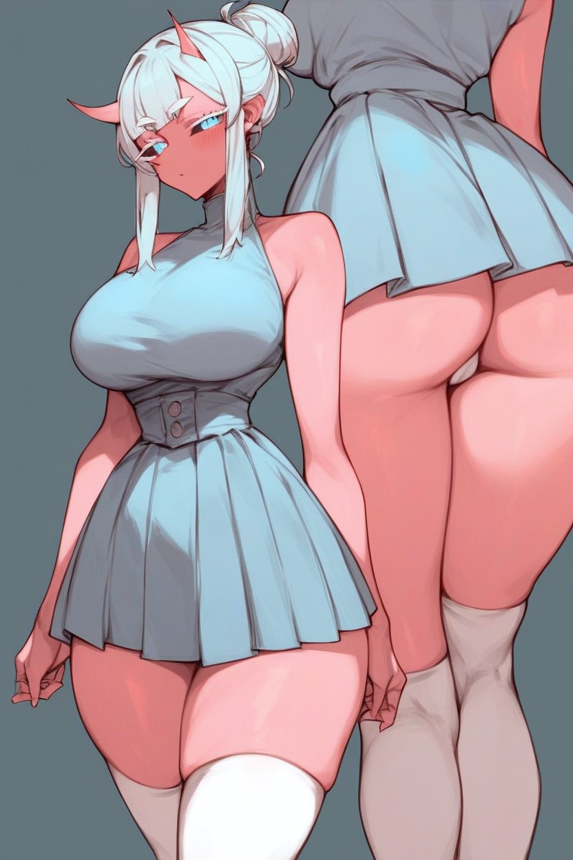 Thick Thighs, White Hair, Light Blue High Thigh Socks Hentai AI Porn