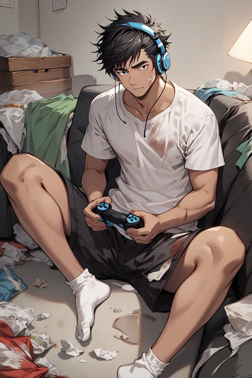 Stained Shorts, Holding Game Controller, MaleAI黄漫