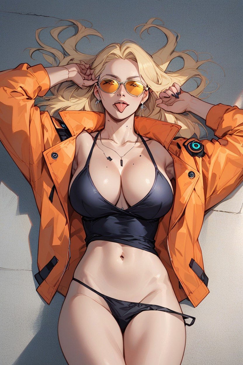 Enlever La Culotte, Straight Blonde Hair Long Hair Futuristic Orange Coat Futuristic Yellow Sunglasses Cyberpunk City At Night Lean, JapanesePorno IA Furry