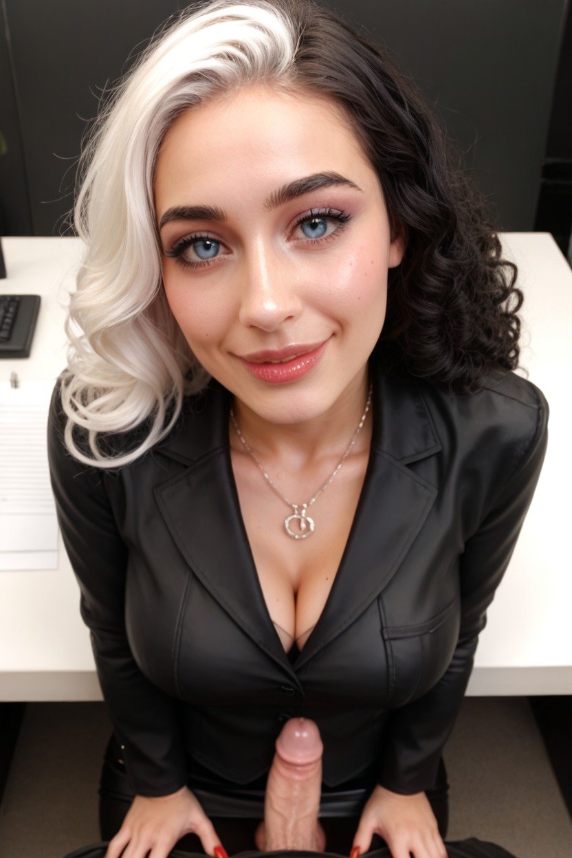 Office, Completely Clothed, Two Color White Hair And Black Hair Shemale AI Porn