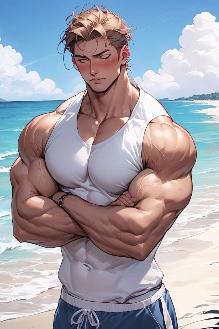 Musclé, Petite Poitrine, PlagePorno IA Hentai