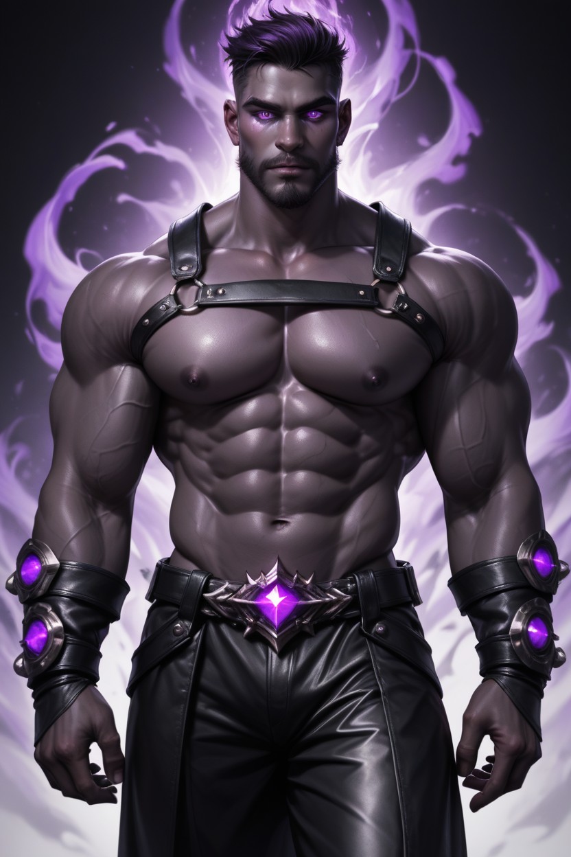 Male Fetchling Jet Black Skin Charcoal Skin Wreathed In Shadows Glowing Purple Sclerae Glowing Purple Eyes Short Hair Shadows Streaming Off Of Skin Standing Looking At Viewer Black Leather Armor Lean Toned Muscles Tall Trimmed Beard, Purple Skin AI Gay Porn