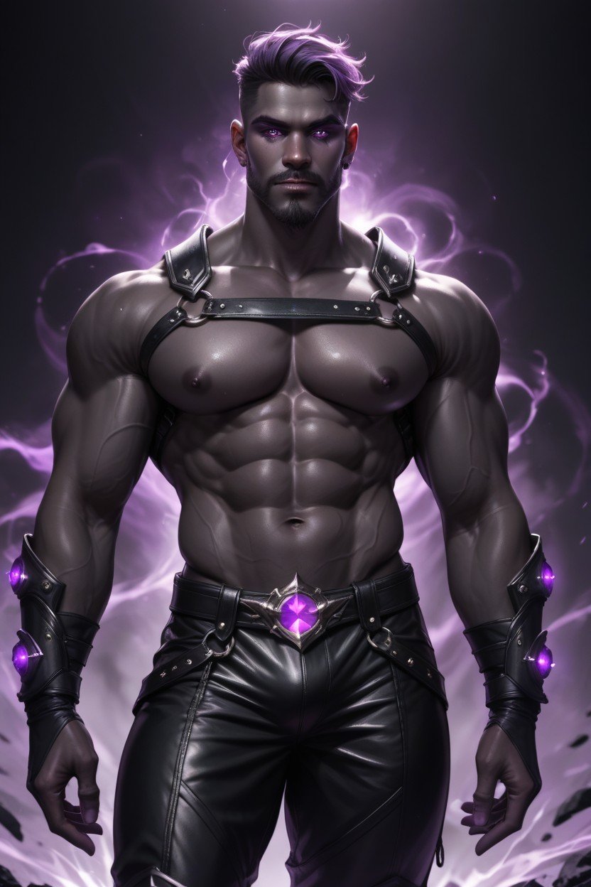 Peau Violette, Male Fetchling Jet Black Skin Charcoal Skin Wreathed In Shadows Glowing Purple Sclerae Glowing Purple Eyes Short Hair Shadows Streaming Off Of Skin Standing Looking At Viewer Black Leather Armor Lean Toned Muscles Tall Trimmed BeardPorno IA