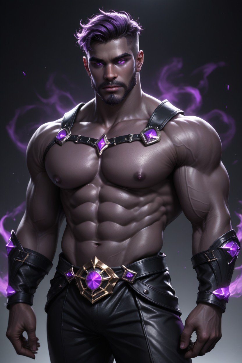 Male Fetchling Jet Black Skin Charcoal Skin Wreathed In Shadows Glowing Purple Sclerae Glowing Purple Eyes Short Hair Shadows Streaming Off Of Skin Standing Looking At Viewer Black Leather Armor Lean Toned Muscles Tall Trimmed Beard, Purple Skin AI Porn