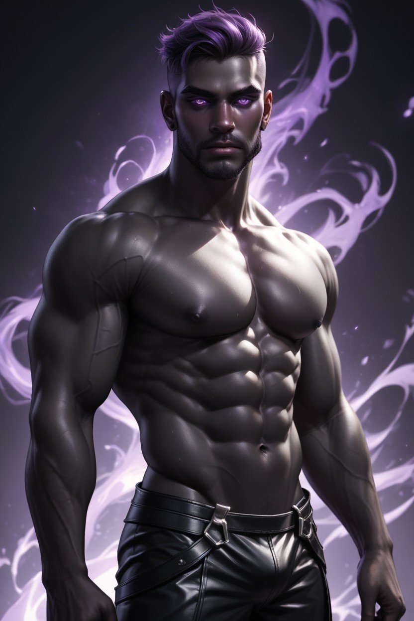 紫色皮膚, Male Fetchling Jet Black Skin Charcoal Skin Wreathed In Shadows Glowing Purple Sclerae Glowing Purple Eyes Short Hair Shadows Streaming Off Of Skin Standing Looking At Viewer Black Leather Armor Lean Slender Arms Lean Chest Toned Muscles Tall Trimmed BeardAI黃片