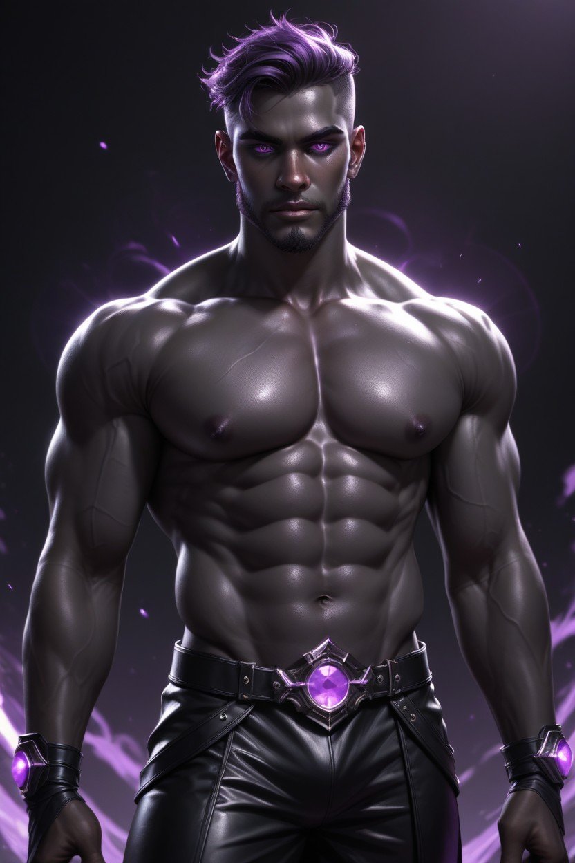 Male Fetchling Jet Black Skin Charcoal Skin Wreathed In Shadows Glowing Purple Sclerae Glowing Purple Eyes Short Hair Shadows Streaming Off Of Skin Standing Looking At Viewer Black Leather Armor Lean Slender Arms Lean Chest Toned Muscles Tall Trimmed Beard, Piel MoradaPorno AI