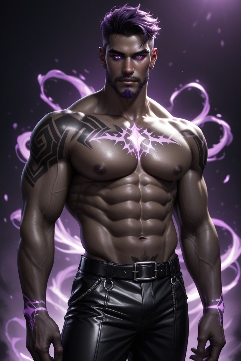 Male Fetchling Jet Black Skin Charcoal Skin Wreathed In Shadows Glowing Purple Sclerae Glowing Purple Eyes Short Hair Shadows Streaming Off Of Skin Standing Looking At Viewer Black Leather Armor Lean Slender Arms Lean Chest Toned Muscles Tall Trimmed Beard Ironwood Breastplate Long Black Leather Coat Glowing Purple Tattoos, Pele Roxa Pornografia de IA