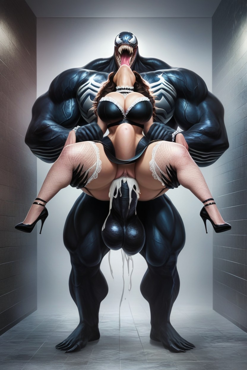 Venom Both Hands Grabbing Her Neck Throwing Her Head Back, Her Legs Dangling Off The Ground, Black Heels AI Porn