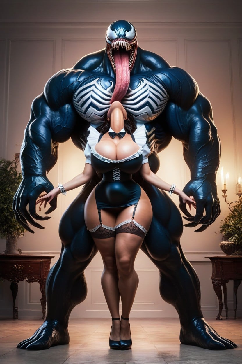 Venom Both Hands Grabbing Her Neck Throwing Her Head Back, Black Skirt, Venoms Tongue Goes In Her Mouth AI Porn
