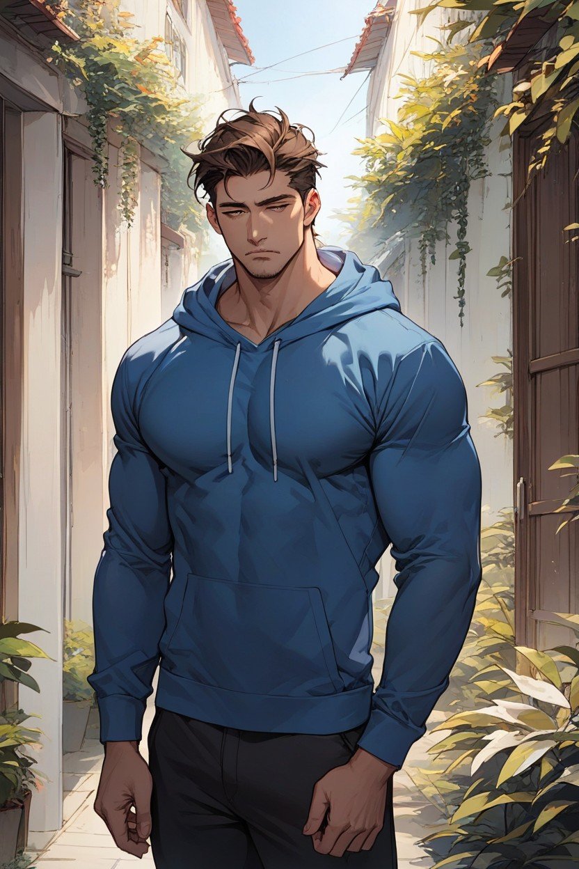 Wearing A Blue Hoodie, Tired, StandingAIポルノ