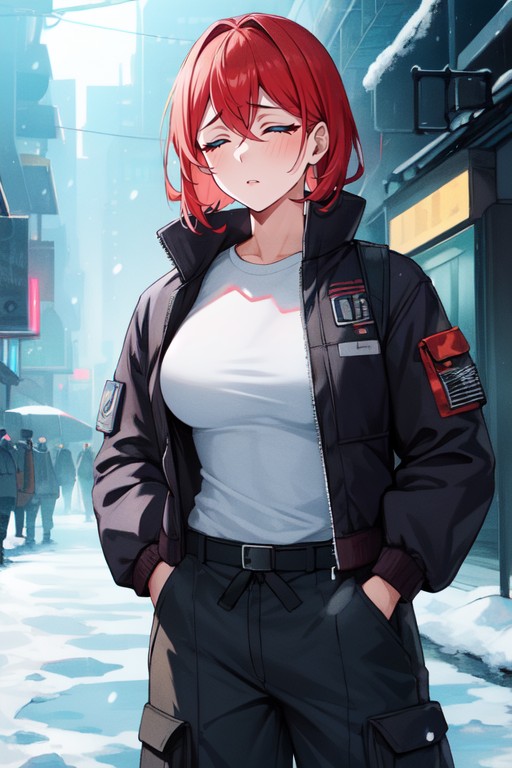 Puffy Bomber Jacket With Rolled Up Sleeves, Half Japanese Woman, Wearing A Civilian OutfitAI黄片